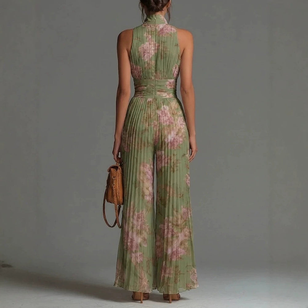 Pleated Sleeveless Mock Neck Zipper Wide Leg Jumpsuit
