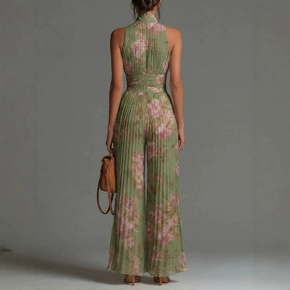 Pleated Sleeveless Mock Neck Zipper Wide Leg Jumpsuit
