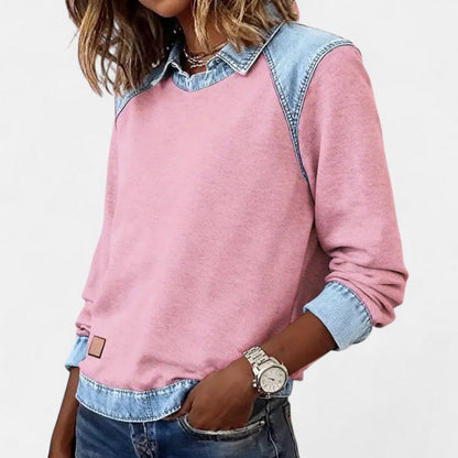 Women's Point Collar Long Sleeve Colorblock Sweatshirt