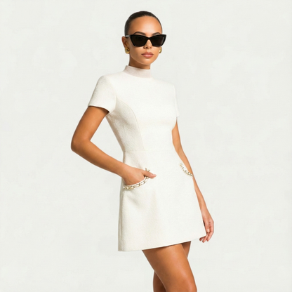 Short Sleeve Embellished Neck Pocket Mini Dress