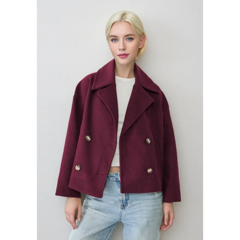 Notched Collar Double-Breasted Cropped Peacoat For Women
