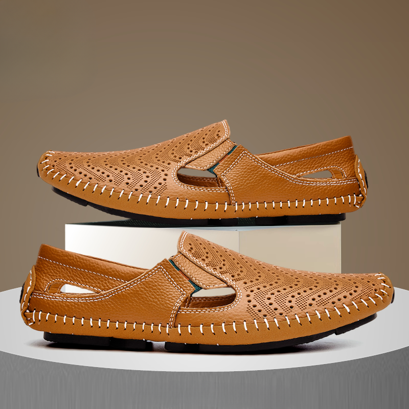 Perforated Stitched Cutout Textured Flat Closed Sandals