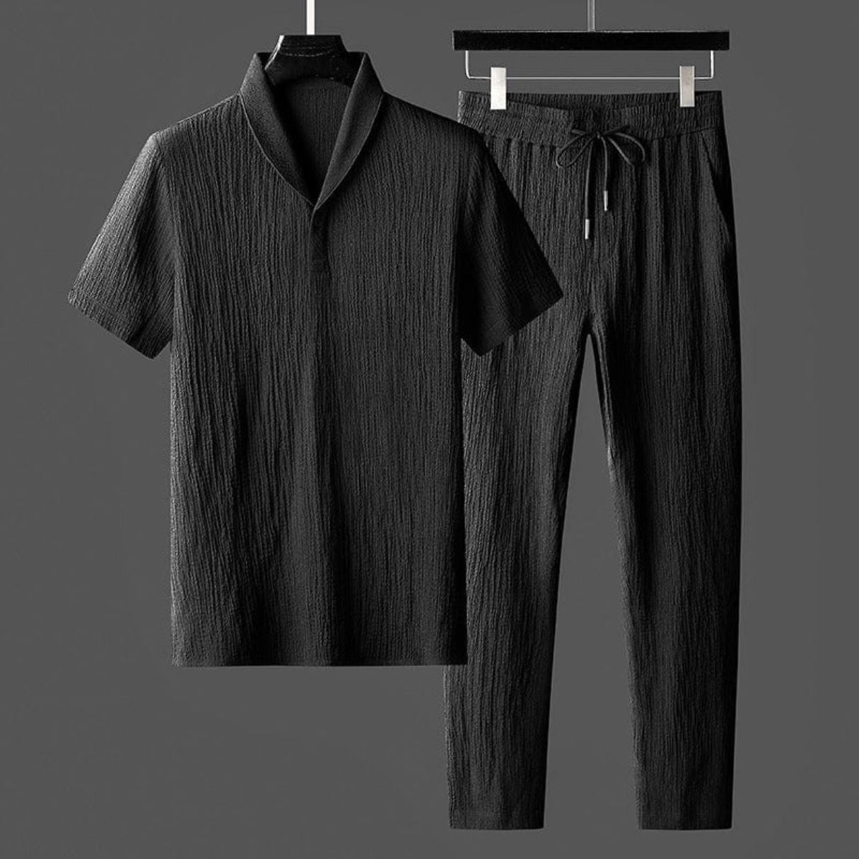 Textured Notched Loose Top and Drawstring Pocketed Straight Trouser Set