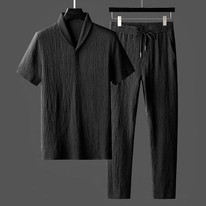 Textured Notched Loose Top and Drawstring Pocketed Straight Trouser Set
