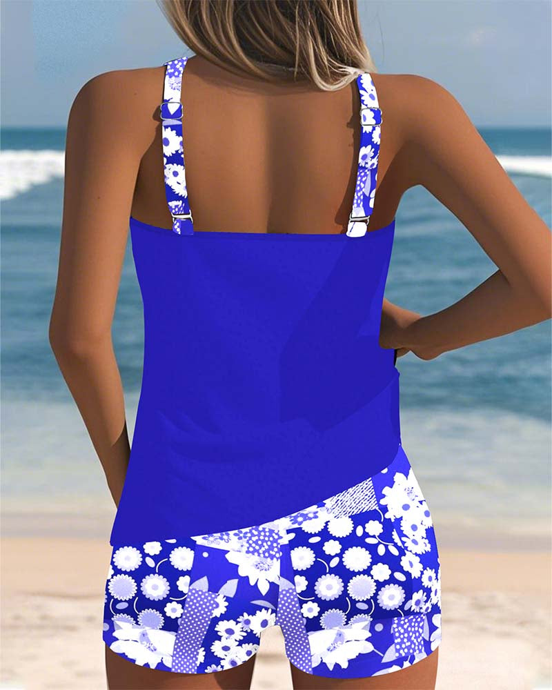 Sleeveless Floral Printed Dotted Round Fitted Swimwear