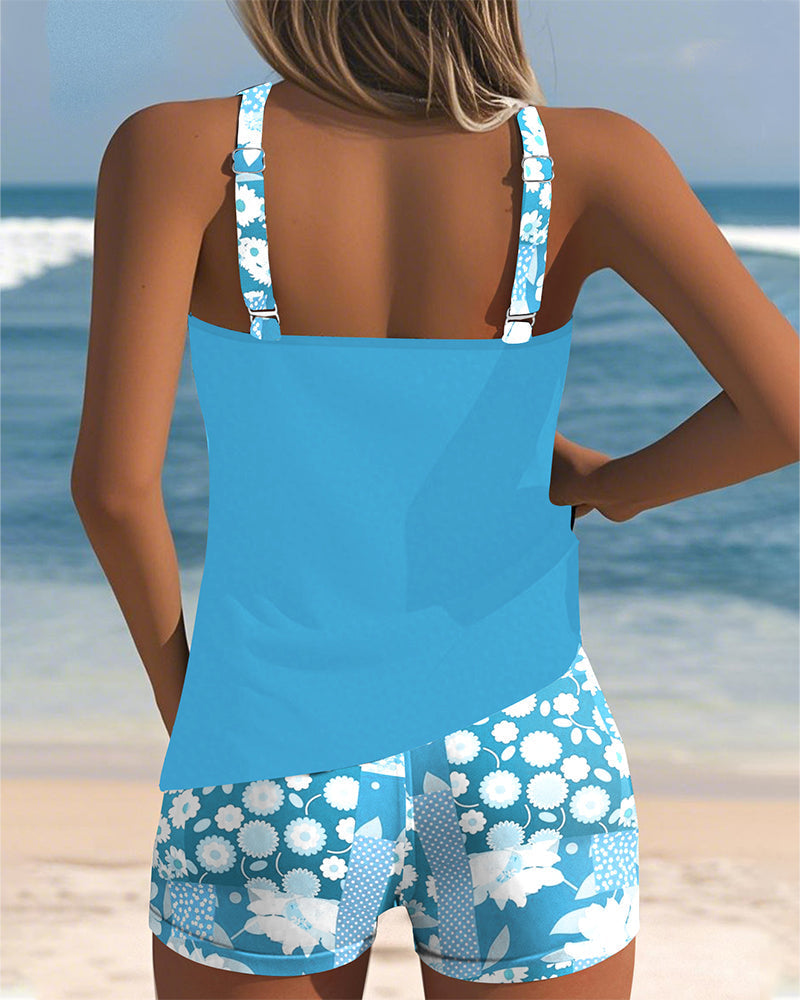 Sleeveless Floral Printed Dotted Round Fitted Swimwear
