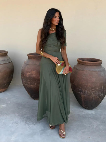 Off Shoulder Ruched Foldover Maxi Dress