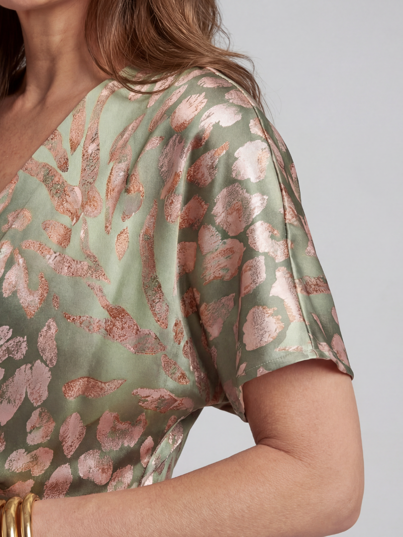 V Neck Short Sleeve Twist Front Patterned Maxi Fitted Dress