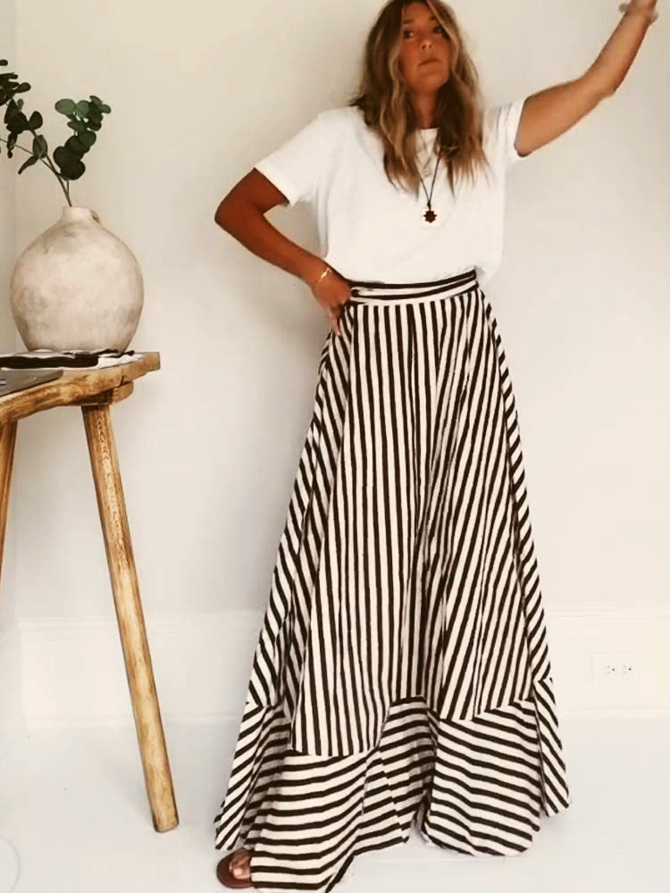 Strapless Diagonal Striped Flare Maxi Dress