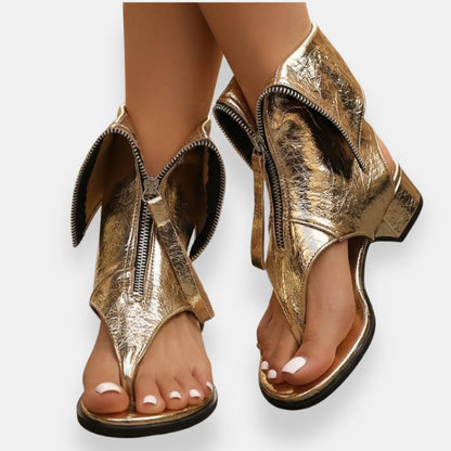 Zippered Open Low High Flared Cutout Sandals