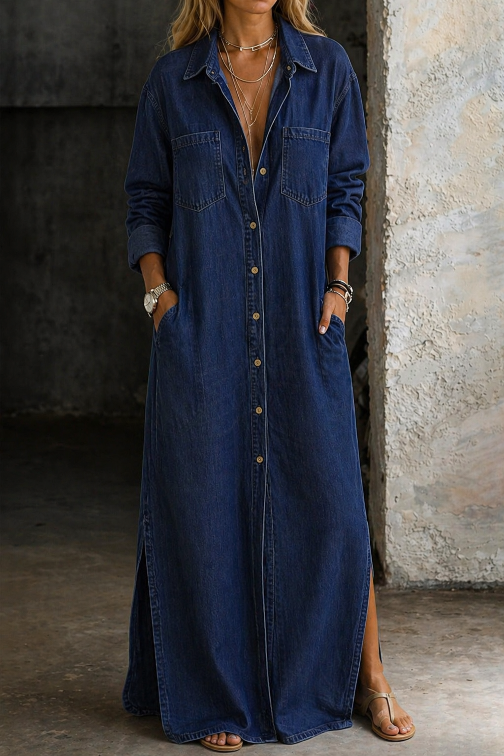Button Down Collared Longline Pocketed Dress
