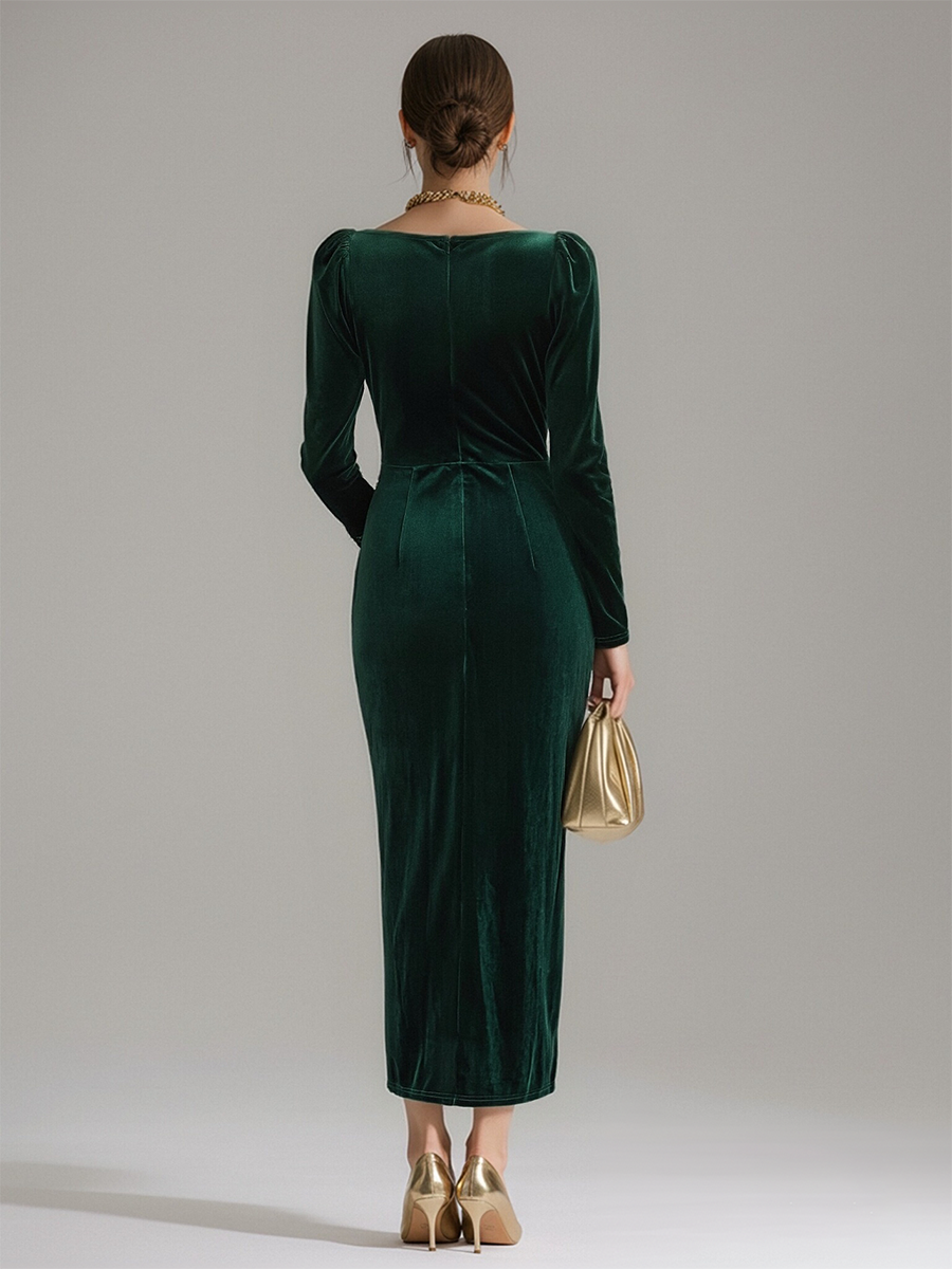 Cowl Ruched Fitted Long Asymmetric Midi Dress