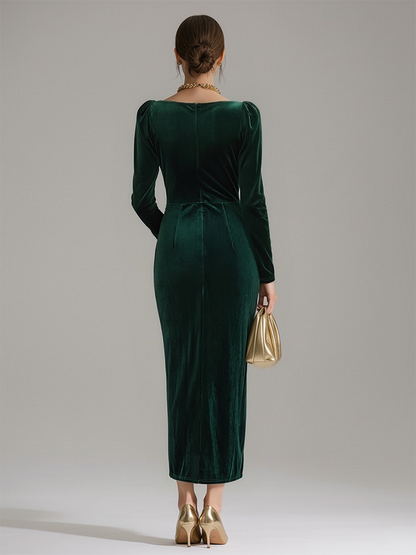 Cowl Ruched Fitted Long Asymmetric Midi Dress
