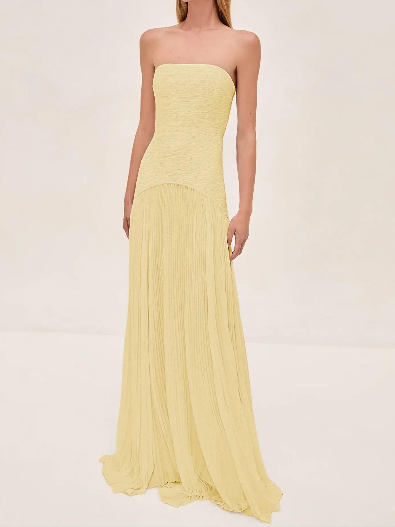 Strapless Fitted Curved Pleated Long Solid Dress