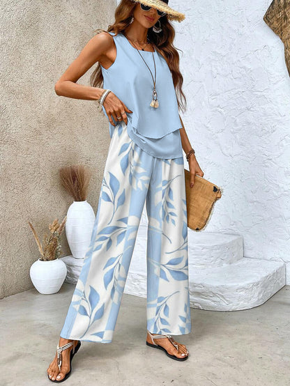 Square Neck Sleeveless Top Layered Wide Leg Trouser Set