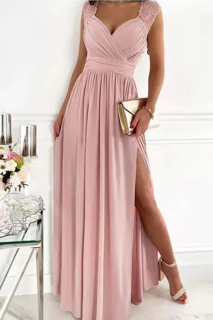 Ruched Surplice Slit Cap Maxi Gathered Dress