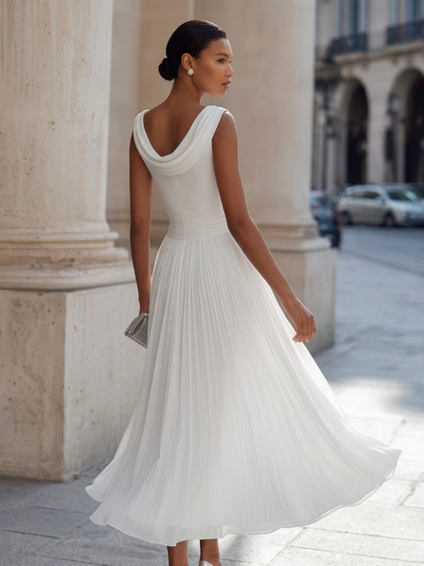 Draped Neck Sleeveless Pleated Midi Dress