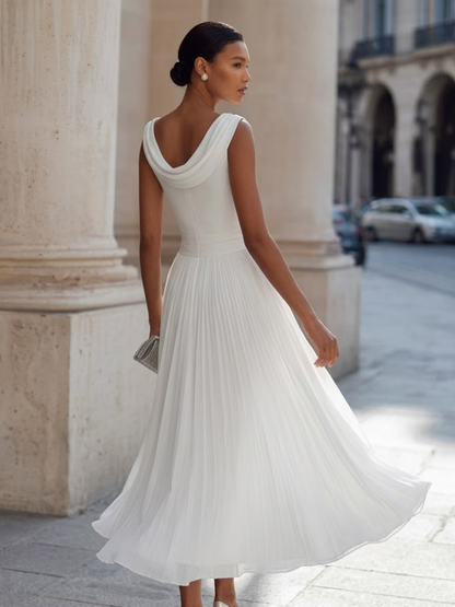Draped Neck Sleeveless Pleated Midi Dress