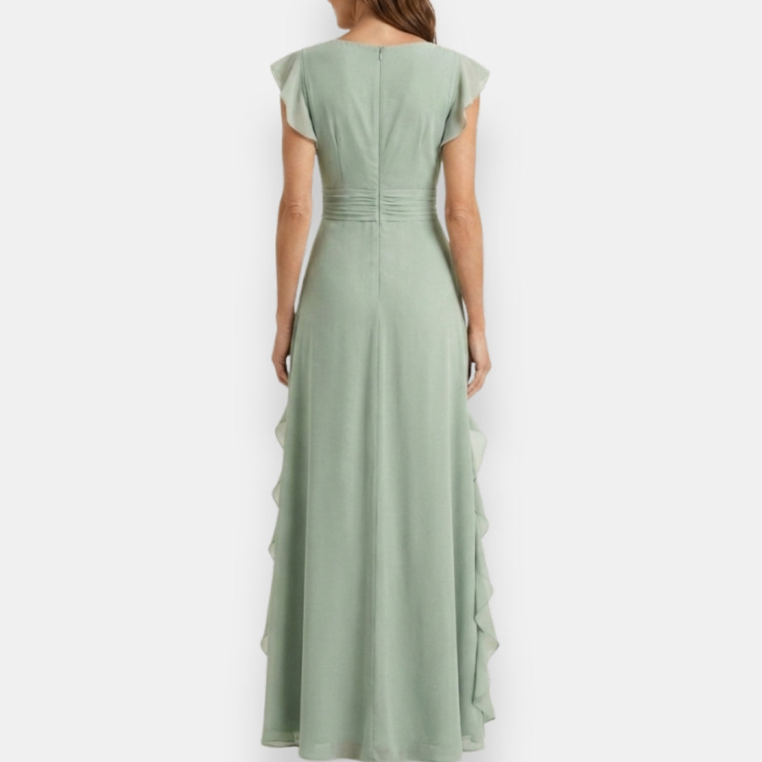 V Flutter Ruched Ruffled Maxi Dress
