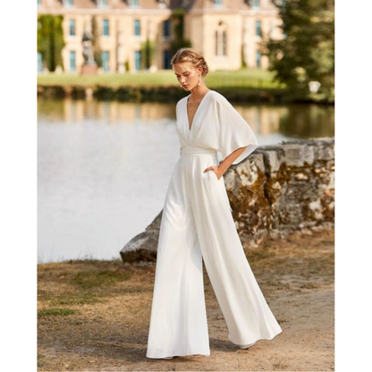 Wide Leg V Neck Flutter Sleeve Jumpsuit