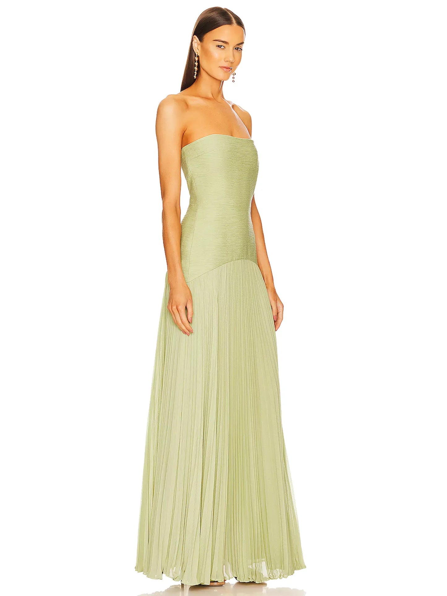 Strapless Fitted Curved Pleated Long Solid Dress
