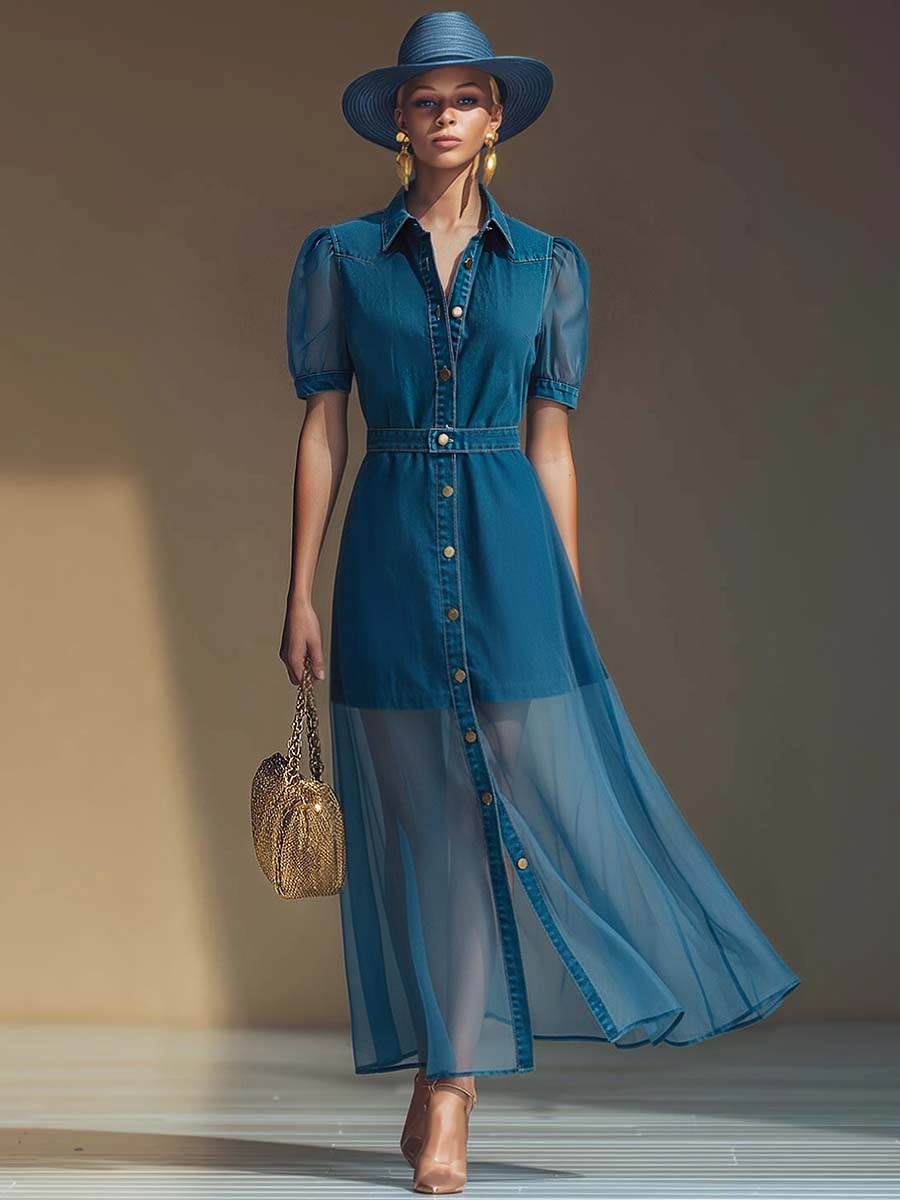 Collared Belted Buttoned Flared Maxi Dress