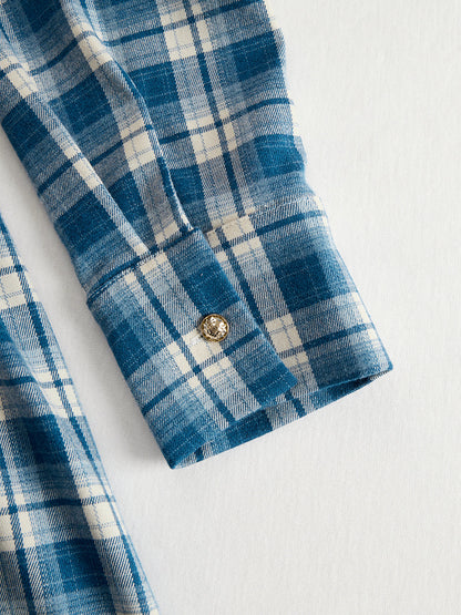 Collared Long Sleeved Plaid Pocketed Maxi Dress