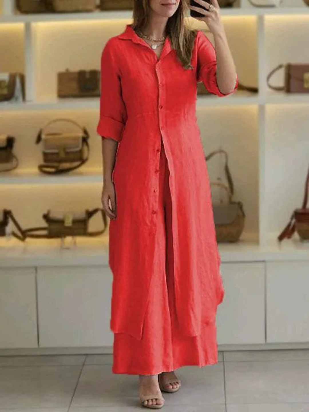Women's Collared Long Sleeve Button-Front Maxi Shirt Dress Set