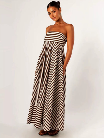 Strapless Diagonal Striped Flare Maxi Dress