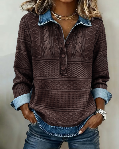Women's Shirt Collar Long Sleeve Textured Button-Up Sweatshirt
