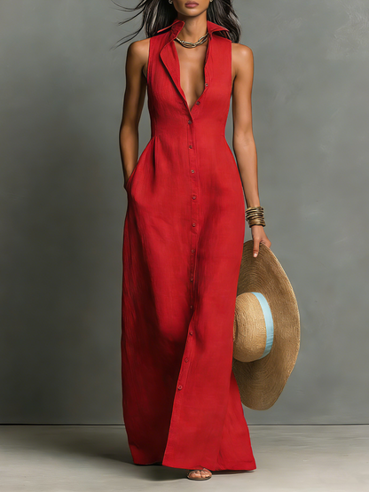 Collar Button Placket Sleeveless Pocketed Maxi Dress