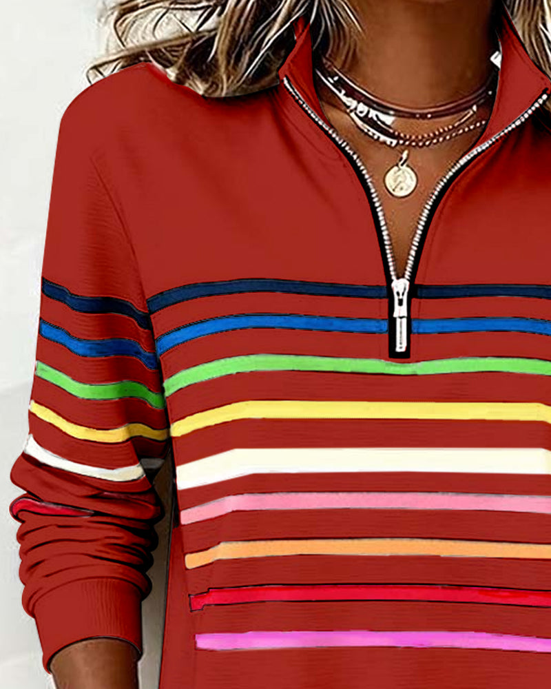 Women's Polo Collar Half Zip Striped Sweatshirt