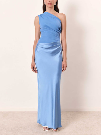 Sleeveless Draped Asymmetric Pleated Maxi Dress