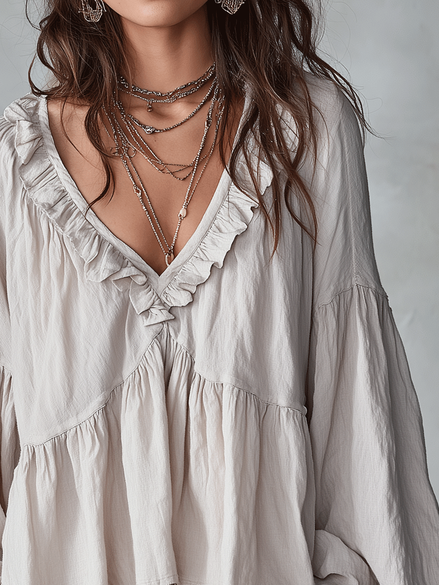 Solid Ruffled V Neck Lantern Sleeve Top