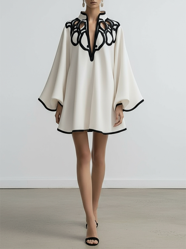 Contrast Trim Cutout Neck Flare Sleeve Mini Dress