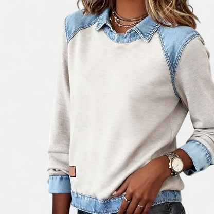 Women's Point Collar Long Sleeve Colorblock Sweatshirt