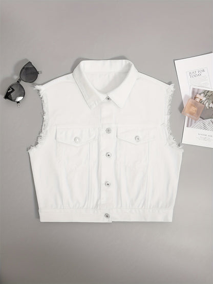 Sleeveless Cropped Buttoned Collared Pocketed Frayed Jacket