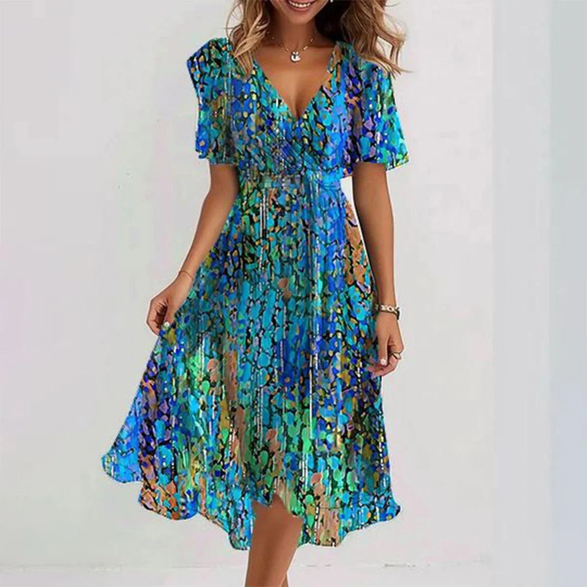 V Neck Short Sleeve Printed Dress