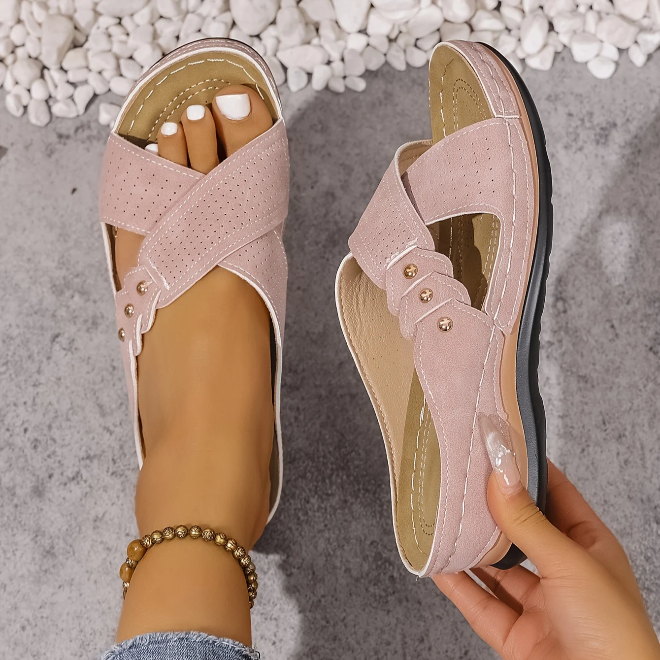 Crossed Studded Stitched Wedged Sandals