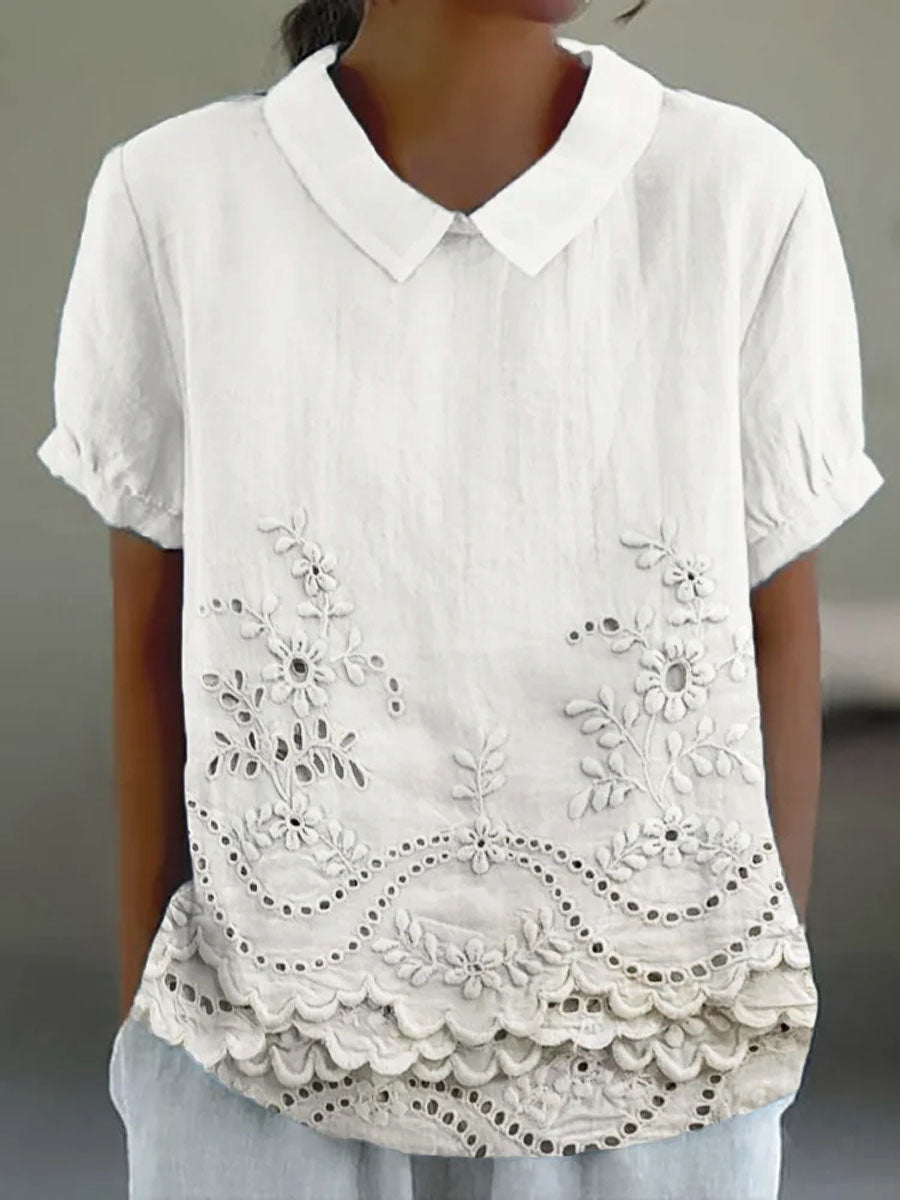 Embroidered Eyelet Scalloped Peter Pan Collar Shirt