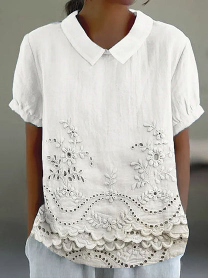 Embroidered Eyelet Scalloped Peter Pan Collar Shirt