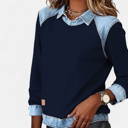 Women's Point Collar Long Sleeve Colorblock Sweatshirt