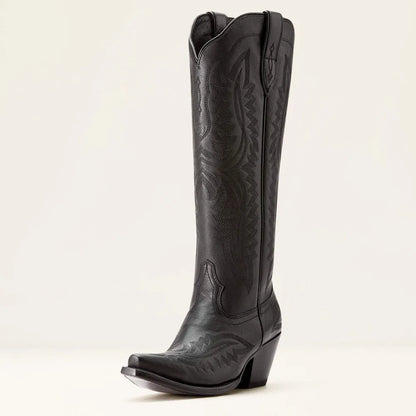 Patterned Zipped Stacked Pointed Tall Boots