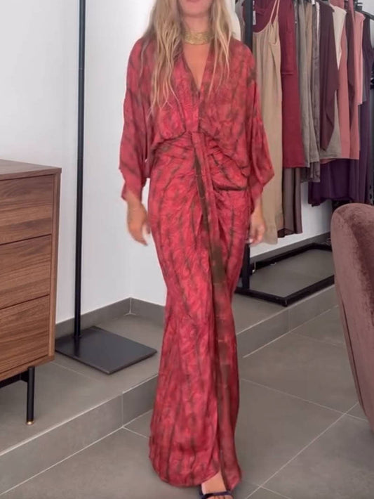 Plunging V Neck Ruched Maxi Dress