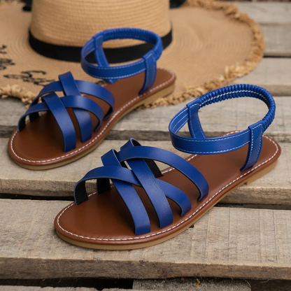 Open Round Flat Strappy Crossed Stitched Sandals