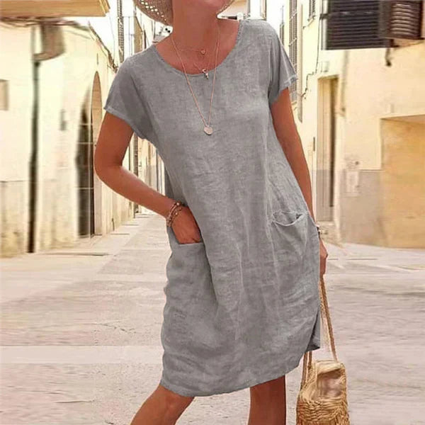 Round Sleeved Pocketed Loose Straight Unlined Dress