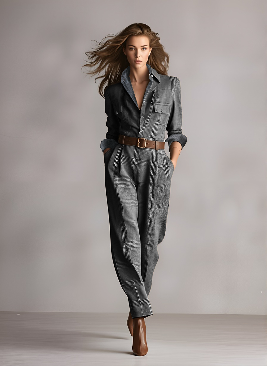 Plaid Collar Button Long Sleeve Pocketed Jumpsuit