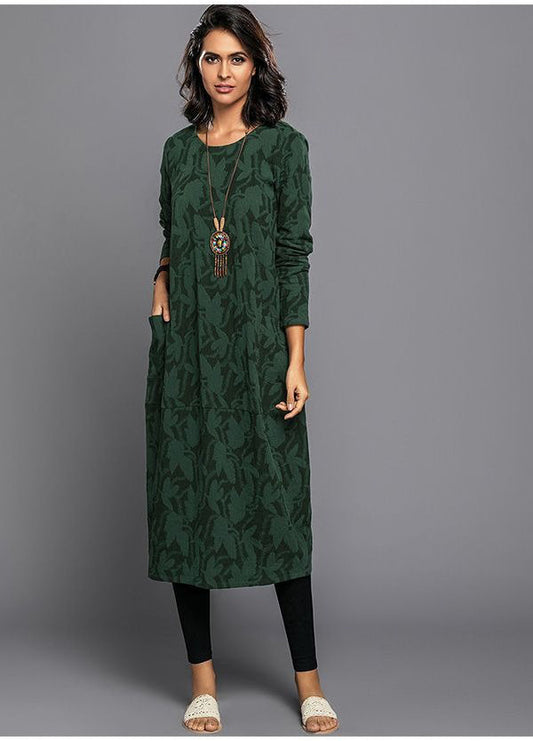 Loose Round Patterned Long Pocketed Straight Dress