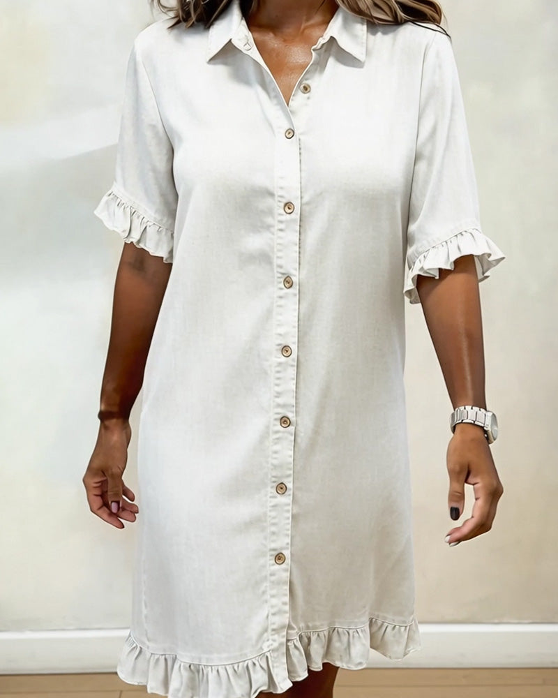 Short Sleeve Collared Button Front Ruffle Hem Dress