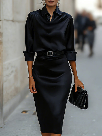 Draped-Collar Midi Dress With Black Belt